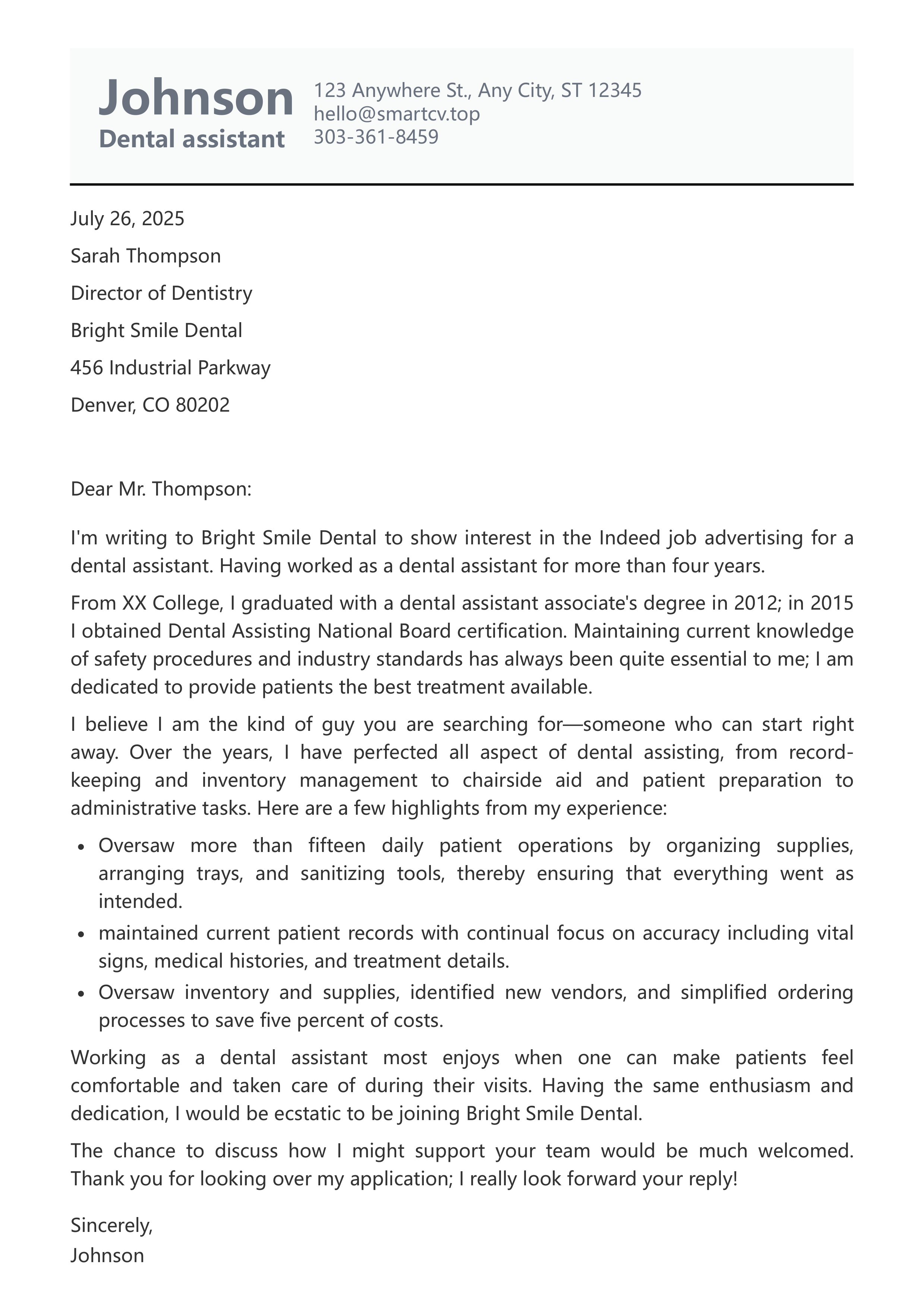 Dental Assistant Cover Letter, sample cover letter for dental assistant position