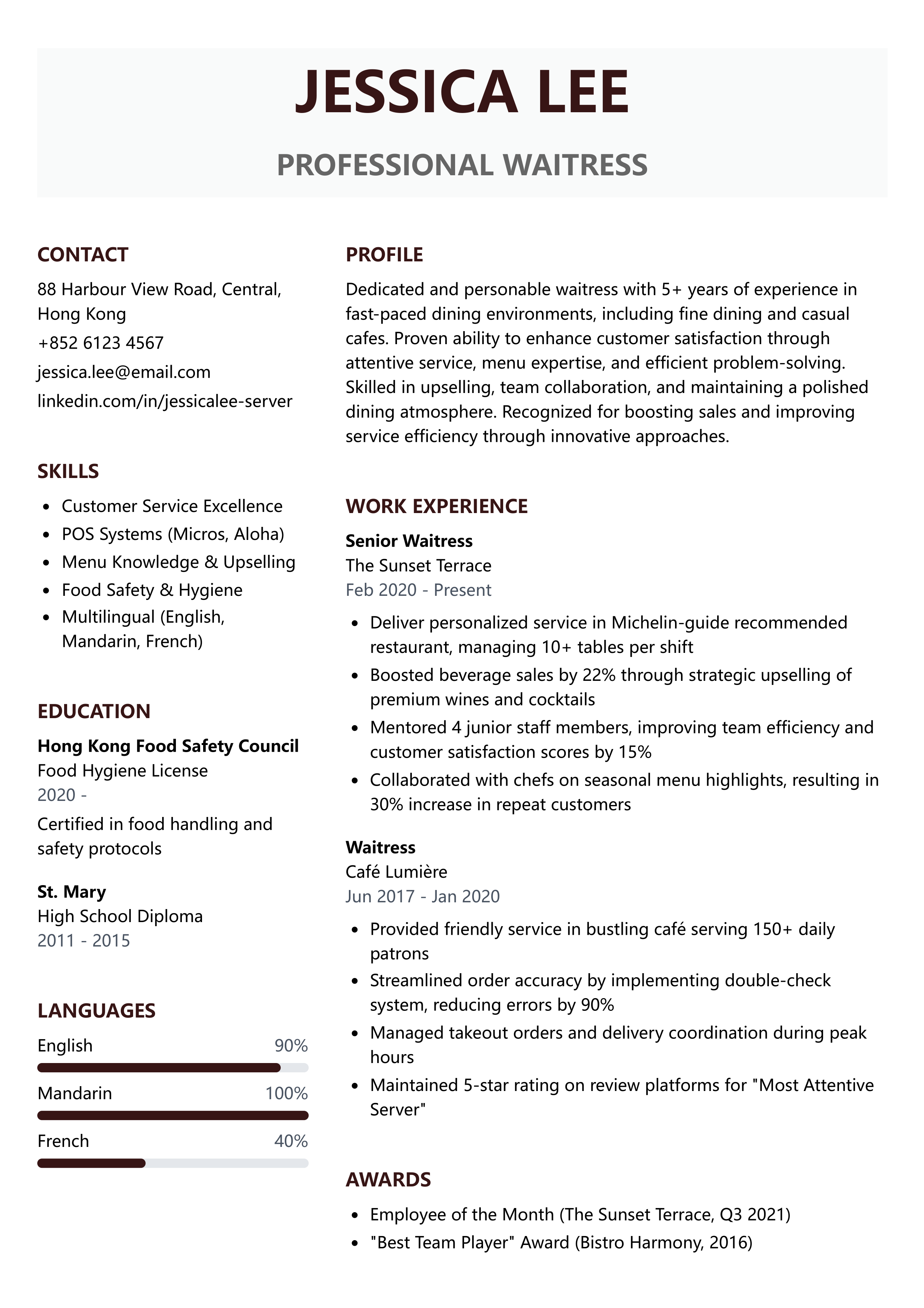 Waitress/Waiter Resume Example